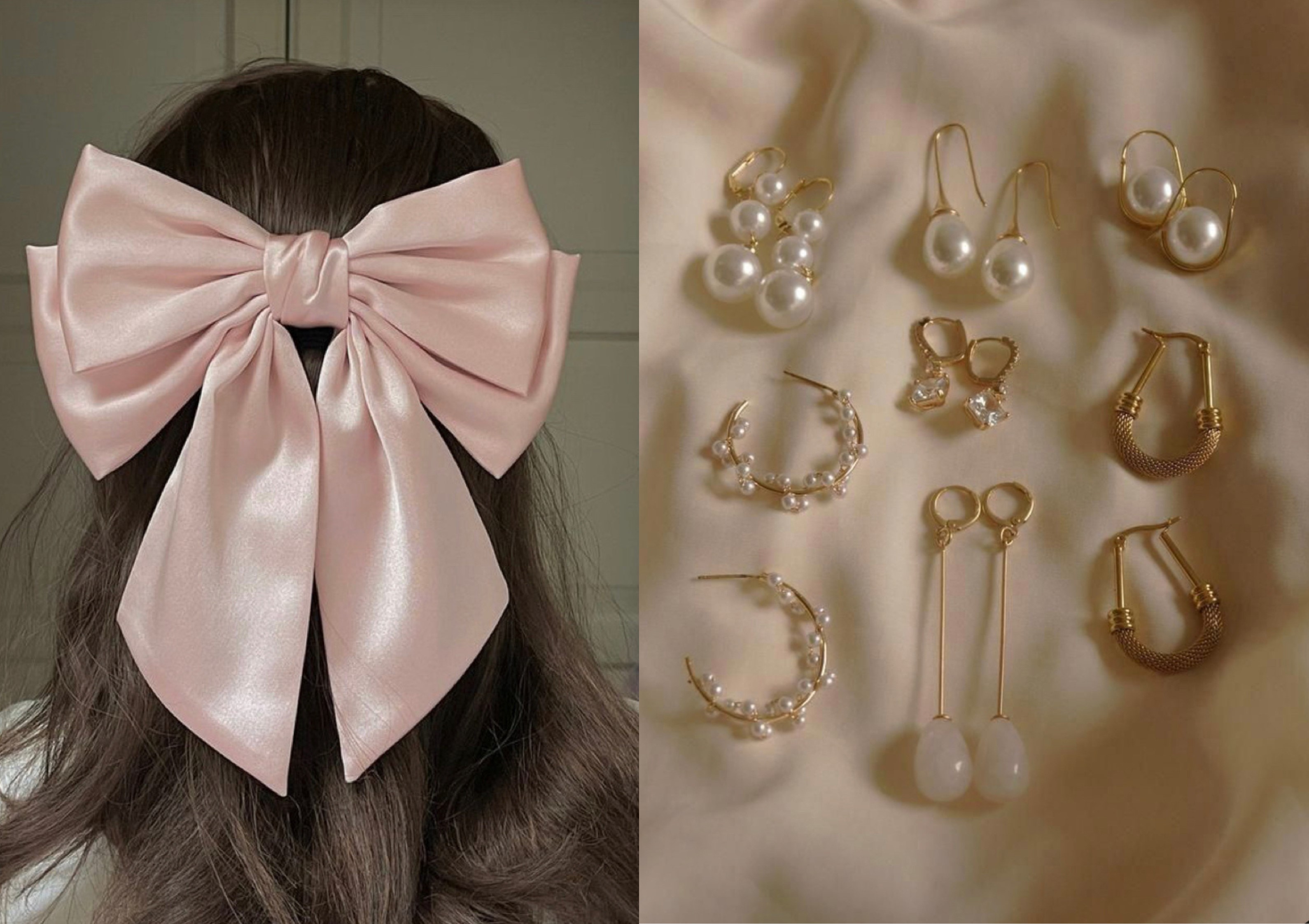 light pink bow in hair, pearls and gold jewels