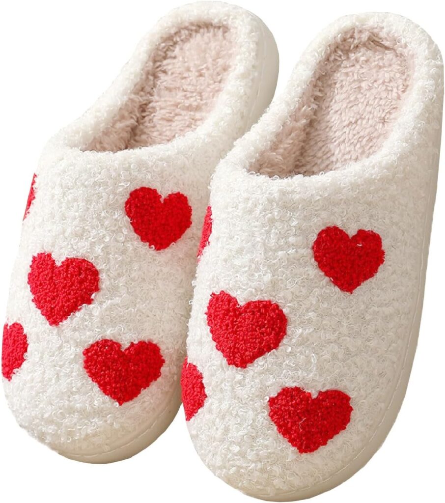 red and white heart slippers