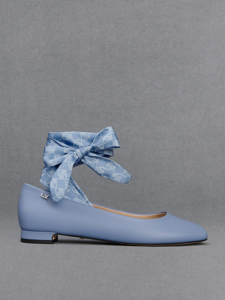 Leather Monogram Tie-Around Ballet Flats - Light Blue