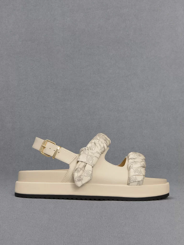 Leather Ruched-Strap Sandals - Chalk