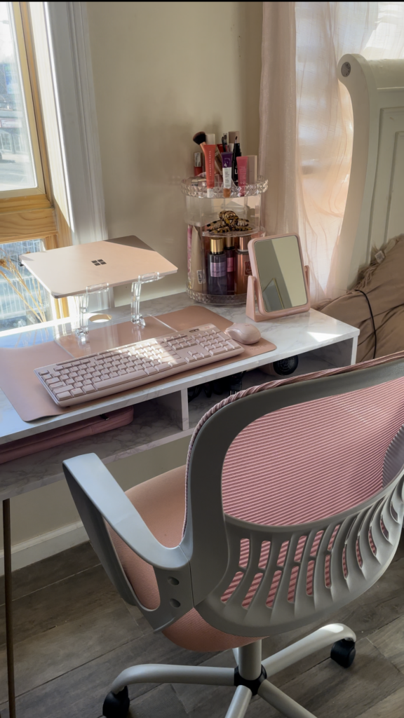 desk picture with pink swivel computer chair and makeup vanity