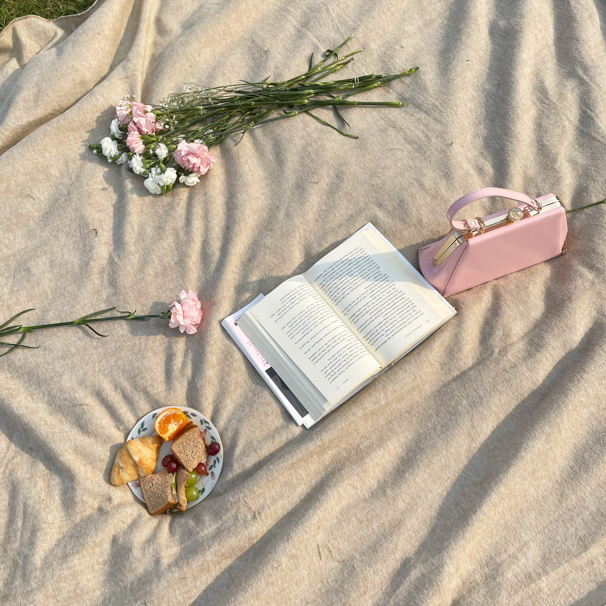 color spring picnic with flowers, a book and fruits